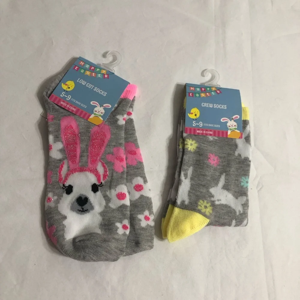 Two Easter low cut / Crew Socks bunny with ears graphic gray. Shoe size 5-9